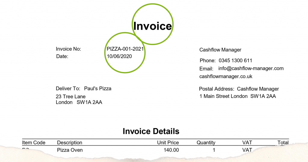 An example of how to prominently display the Invoice title and the Invoice Number.