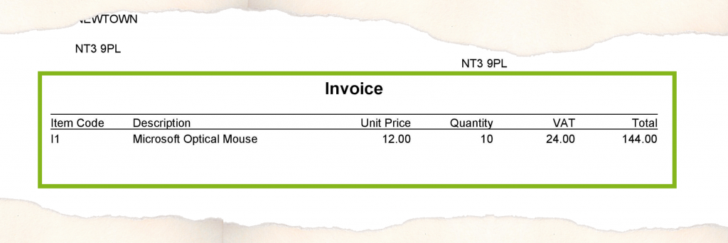 Invoice example showing the description, item code, unit price, quantity, vat and total.