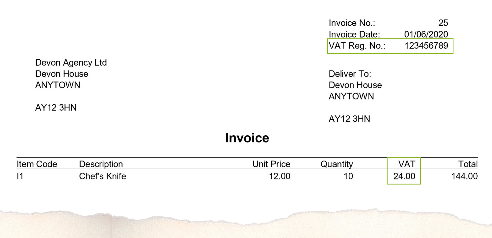 An example of an invoice template that includes VAT