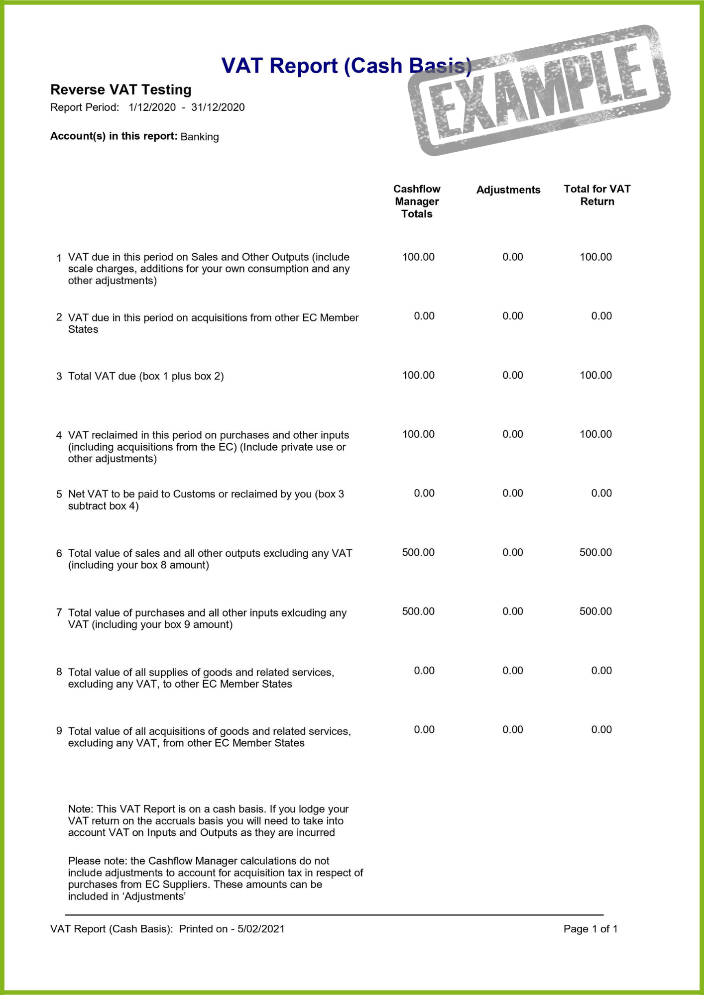 A Cashflow Manager VAT Report